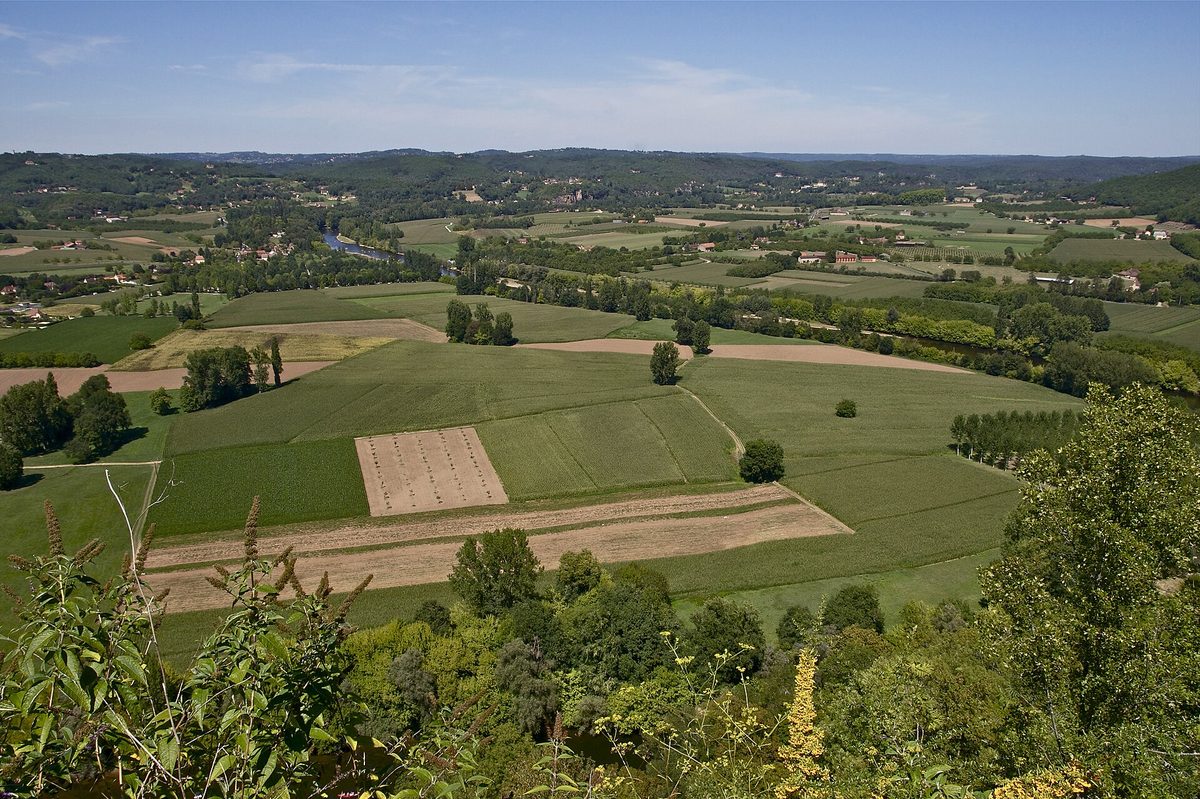 The Dordogne valley seen from the belvédère at Domme: a patchwork of fields, hedges and woods