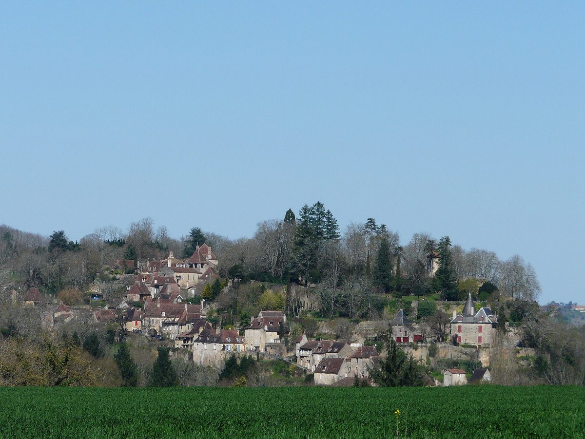 Limeuil's stone houses climbing a wooded hill, seen across a field