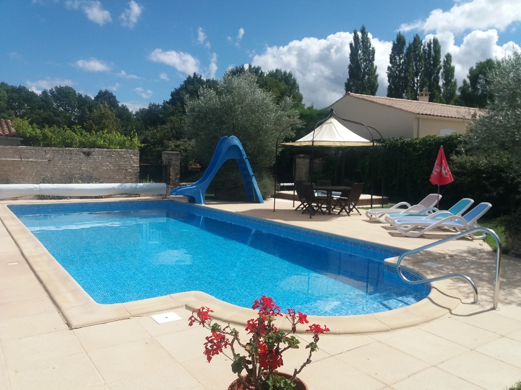 Our La Pommeraie gite with 2 gorgeous salt water pools in 6000m2